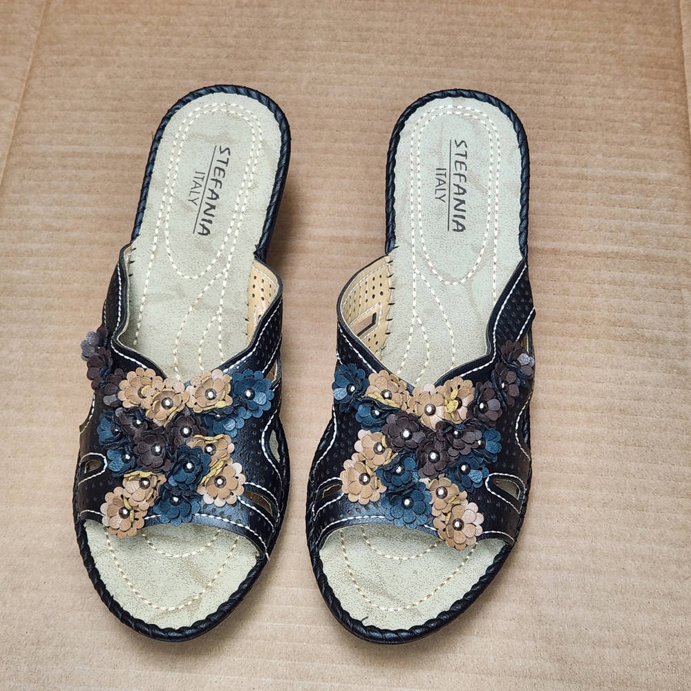 NEW Stefania Black Leather Sandals Size EU 39 US 8 - 8.5  Italian Made